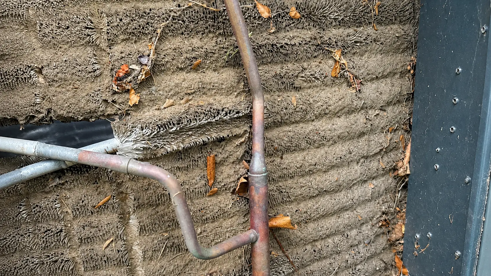 Dirty condenser coil needing cleaning — AC repair York County PA