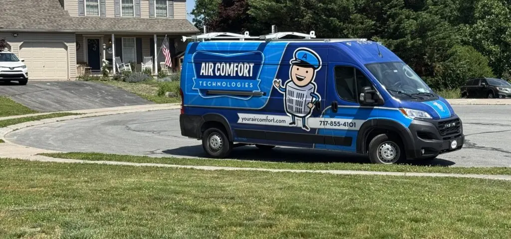 Air Comfort Technologies wrapped service van parked in front of a York County, PA home