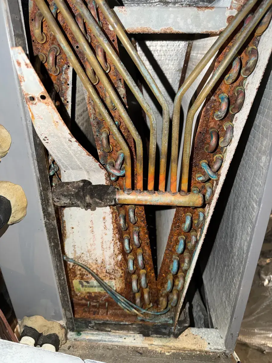 Severely corroded evaporator coil found during a furnace maintenance visit in Shrewsbury, PA