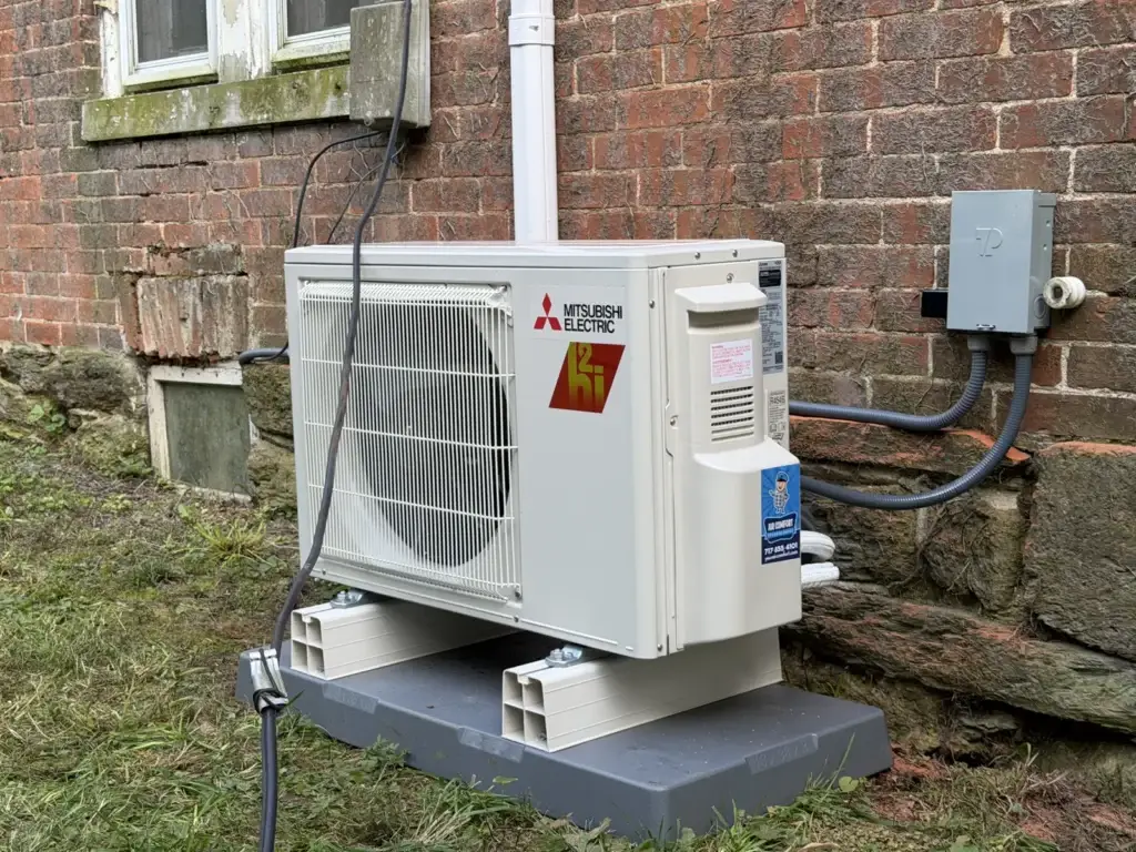 Mitsubishi Hyper-Heat ductless outdoor unit installed at a York County, PA home