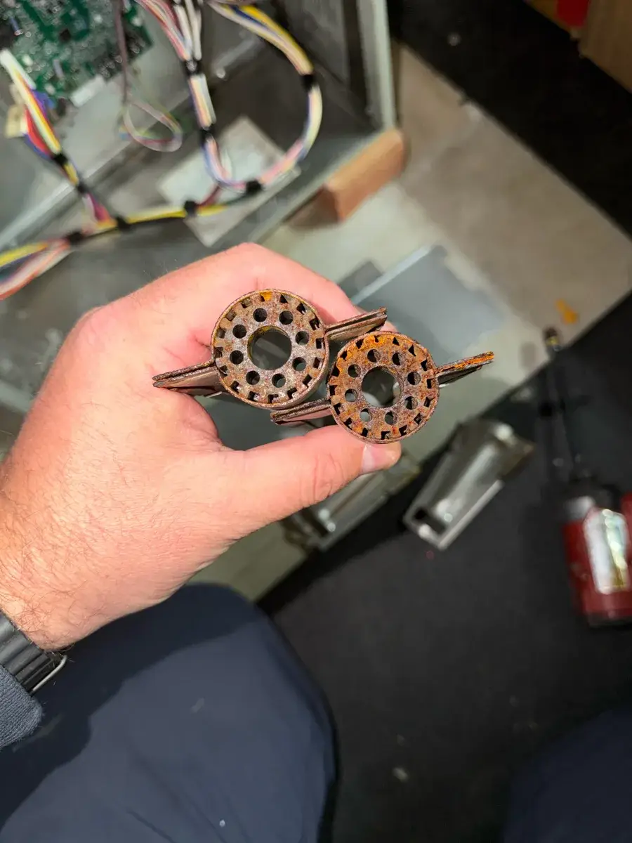 Rusted furnace burners found on a Trane no-heat repair in York, PA